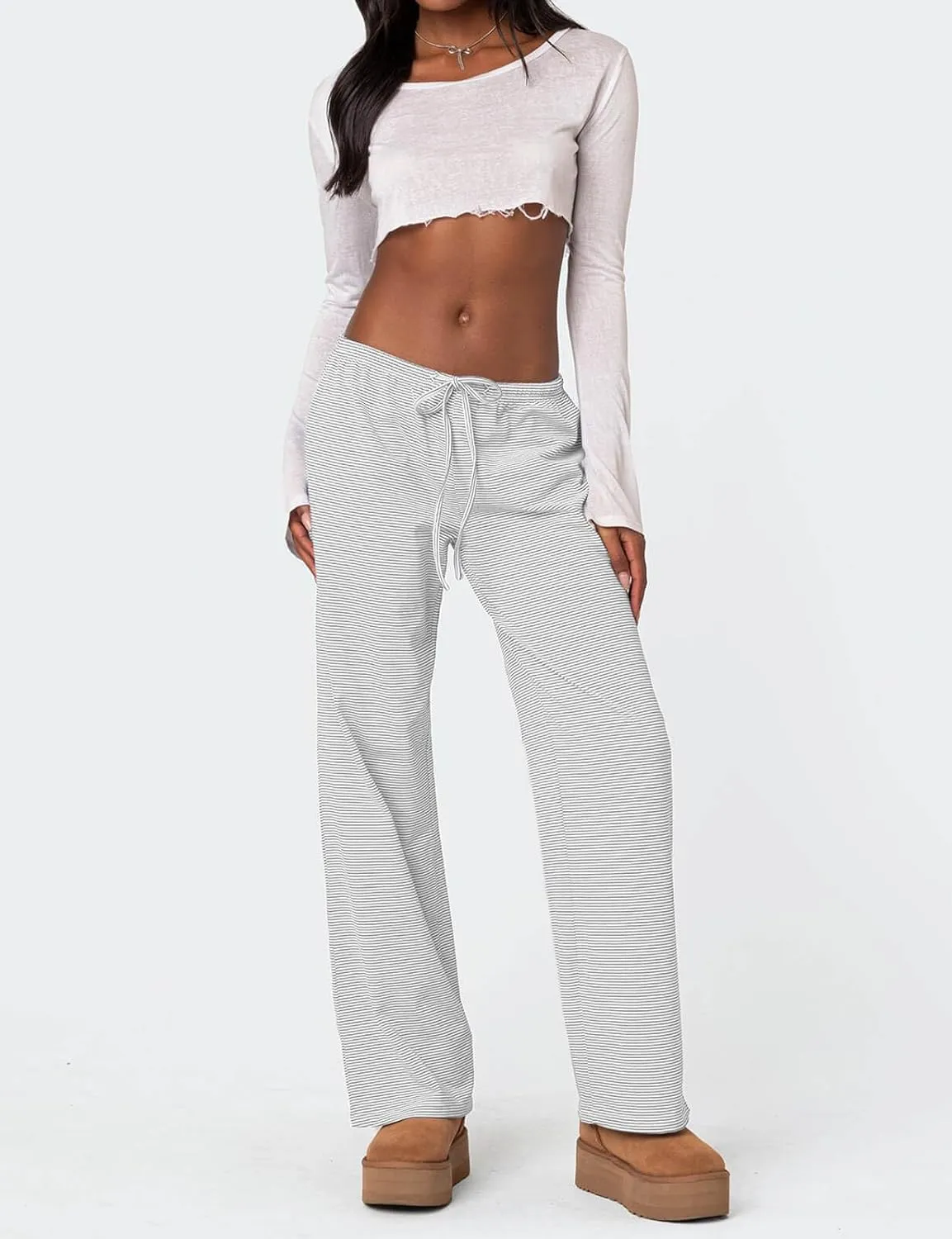 Ugerlov Women's Wide Leg Striped Pants Casual Drawstring Elastic Low Rise Pajama Pants Lounge Wear Trousers