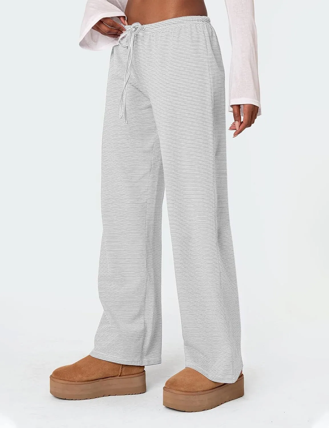 Ugerlov Women's Wide Leg Striped Pants Casual Drawstring Elastic Low Rise Pajama Pants Lounge Wear Trousers