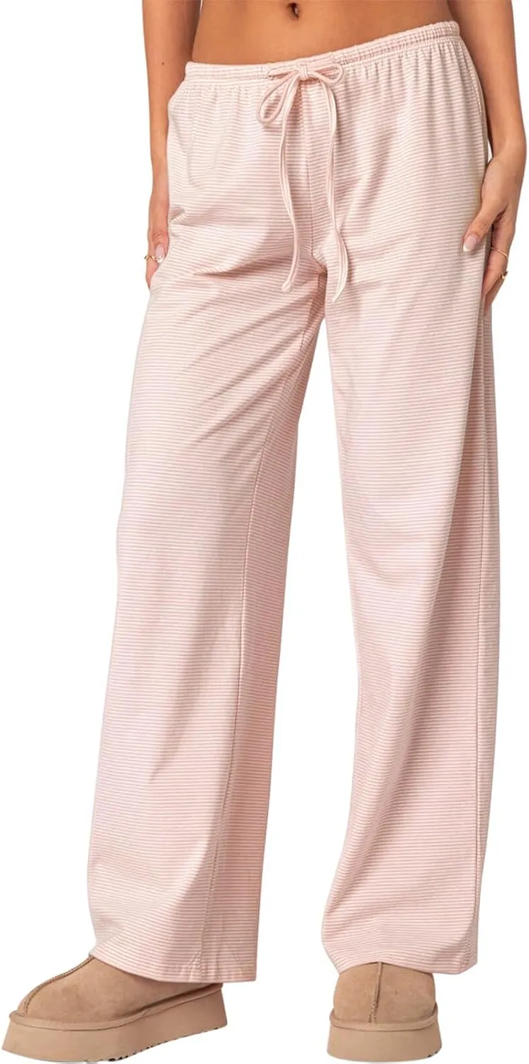 Ugerlov Women's Wide Leg Striped Pants Casual Drawstring Elastic Low Rise Pajama Pants Lounge Wear Trousers