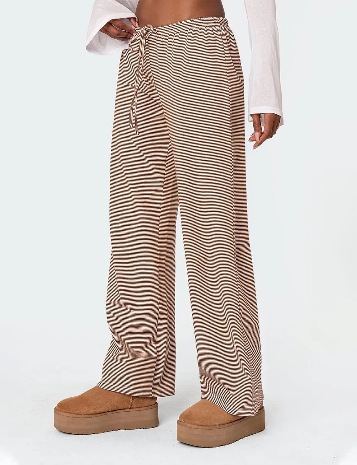 Ugerlov Women's Wide Leg Striped Pants Casual Drawstring Elastic Low Rise Pajama Pants Lounge Wear Trousers