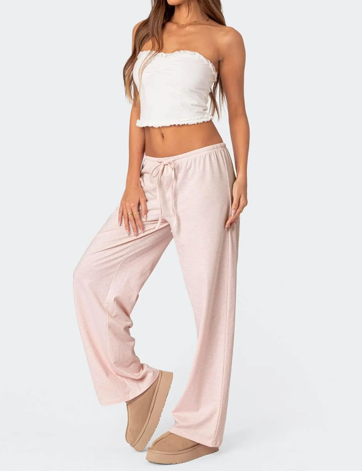 Ugerlov Women's Wide Leg Striped Pants Casual Drawstring Elastic Low Rise Pajama Pants Lounge Wear Trousers