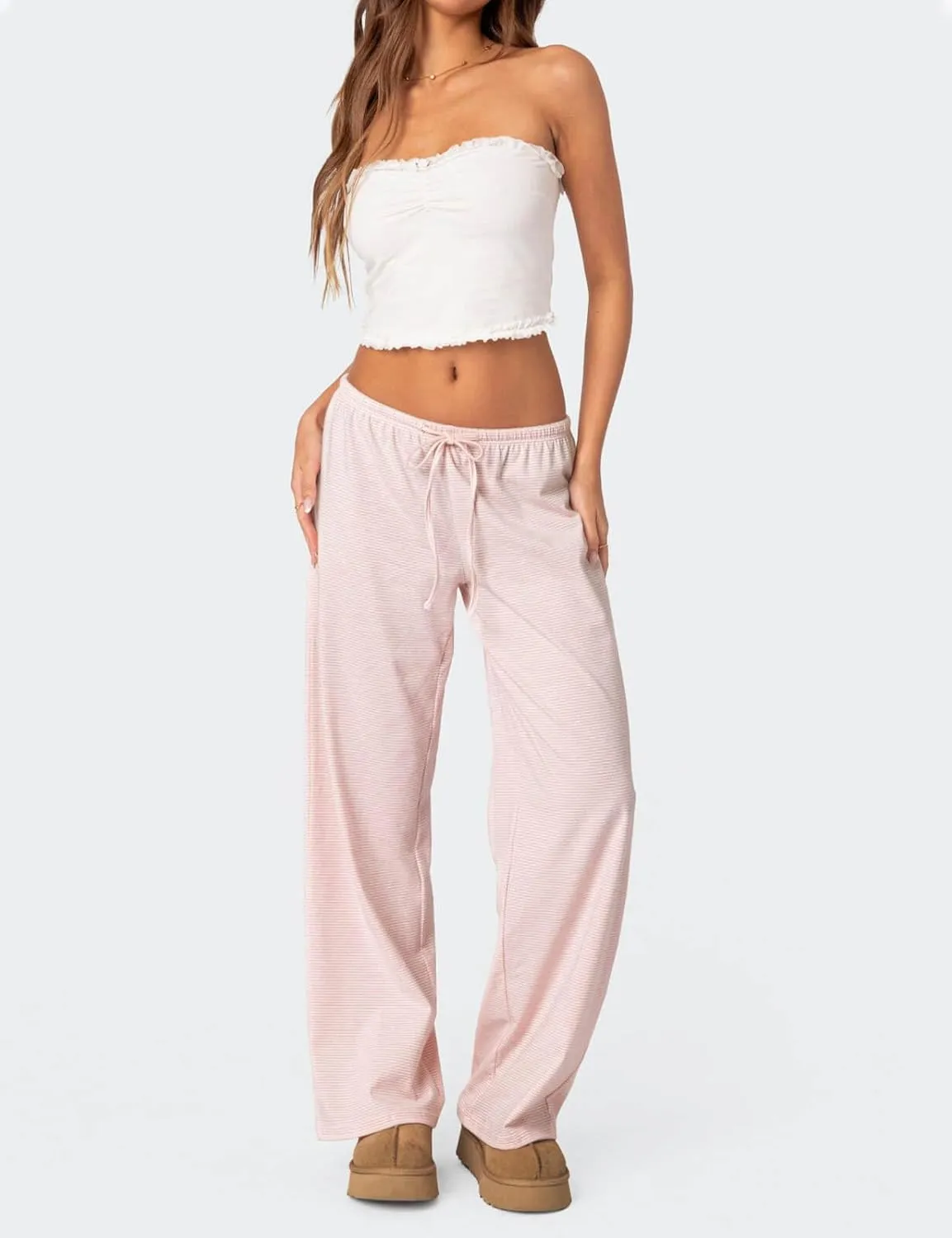 Ugerlov Women's Wide Leg Striped Pants Casual Drawstring Elastic Low Rise Pajama Pants Lounge Wear Trousers