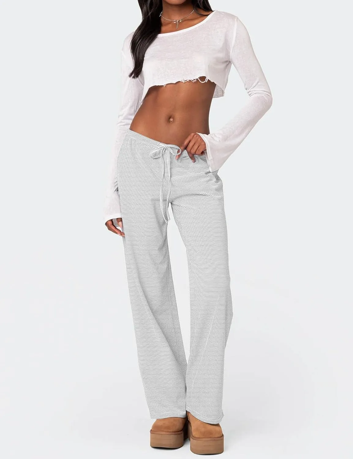 Ugerlov Women's Wide Leg Striped Pants Casual Drawstring Elastic Low Rise Pajama Pants Lounge Wear Trousers