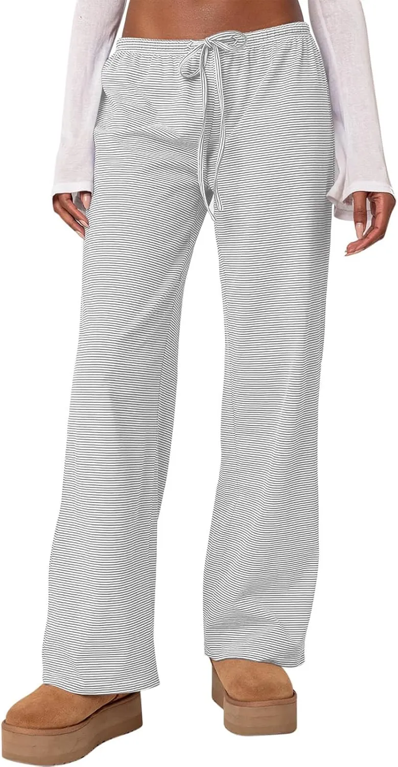 Ugerlov Women's Wide Leg Striped Pants Casual Drawstring Elastic Low Rise Pajama Pants Lounge Wear Trousers