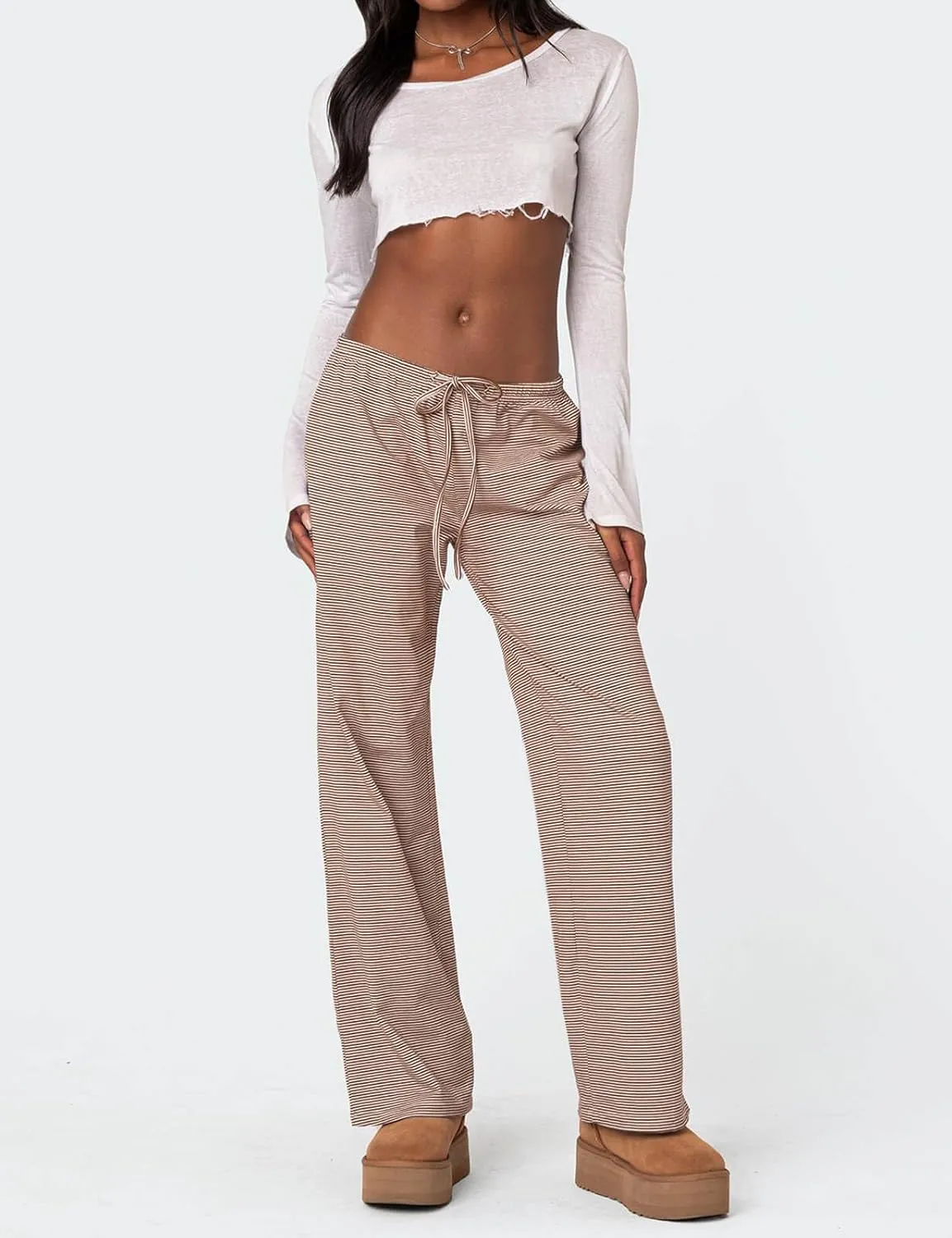 Ugerlov Women's Wide Leg Striped Pants Casual Drawstring Elastic Low Rise Pajama Pants Lounge Wear Trousers