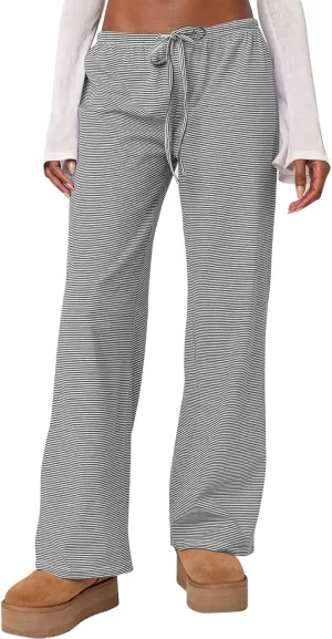 Ugerlov Women's Wide Leg Striped Pants Casual Drawstring Elastic Low Rise Pajama Pants Lounge Wear Trousers