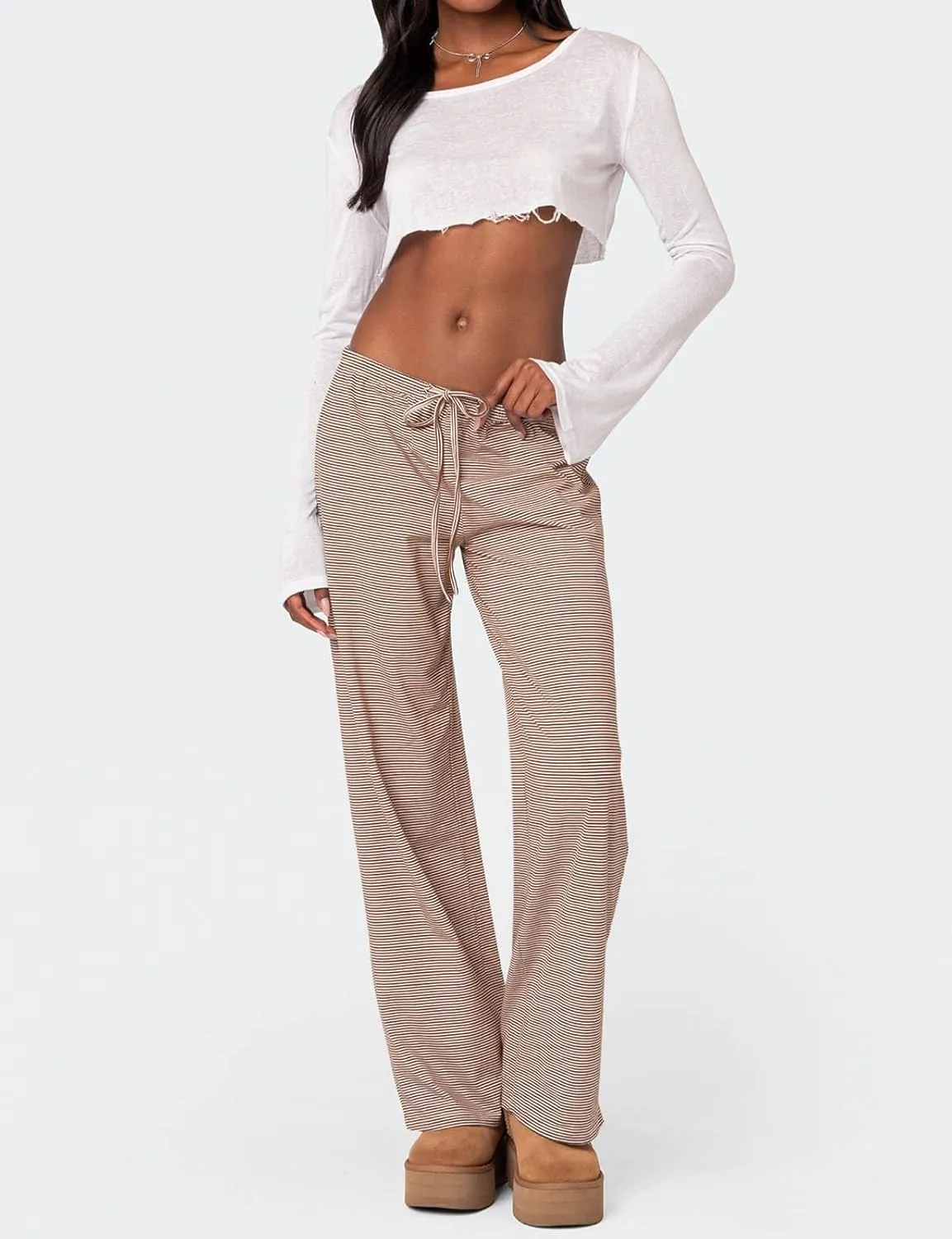 Ugerlov Women's Wide Leg Striped Pants Casual Drawstring Elastic Low Rise Pajama Pants Lounge Wear Trousers