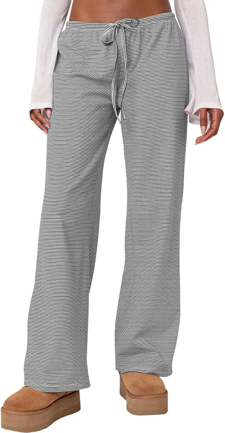 Ugerlov Women's Wide Leg Striped Pants Casual Drawstring Elastic Low Rise Pajama Pants Lounge Wear Trousers