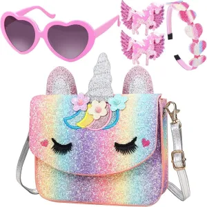 Unicorn Purse for Little Girls,Toddlers Crossbody Bags Kids with Accessories Cute Flap Bag Kids,Sunglass for Girls