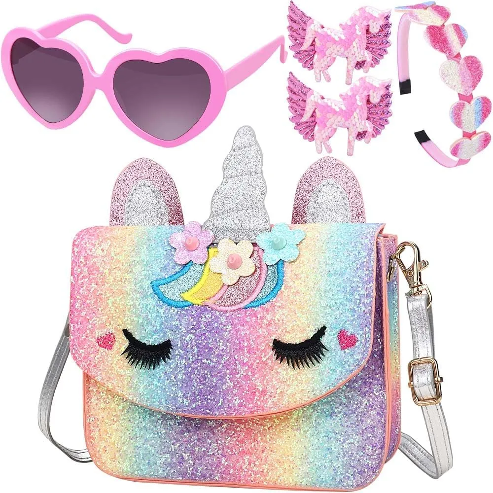 Unicorn Purse for Little Girls,Toddlers Crossbody Bags Kids with Accessories Cute Flap Bag Kids,Sunglass for Girls
