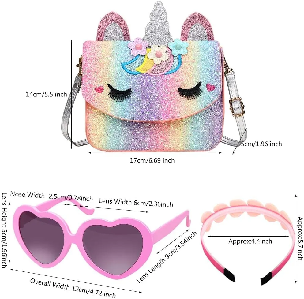 Unicorn Purse for Little Girls,Toddlers Crossbody Bags Kids with Accessories Cute Flap Bag Kids,Sunglass for Girls