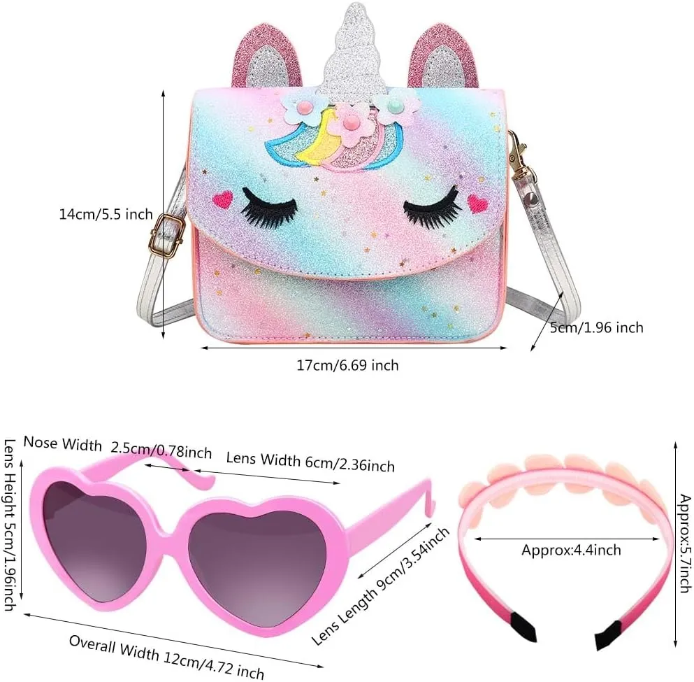 Unicorn Purse for Little Girls,Toddlers Crossbody Bags Kids with Accessories Cute Flap Bag Kids,Sunglass for Girls