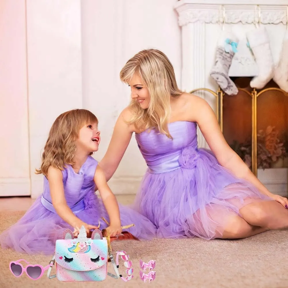 Unicorn Purse for Little Girls,Toddlers Crossbody Bags Kids with Accessories Cute Flap Bag Kids,Sunglass for Girls