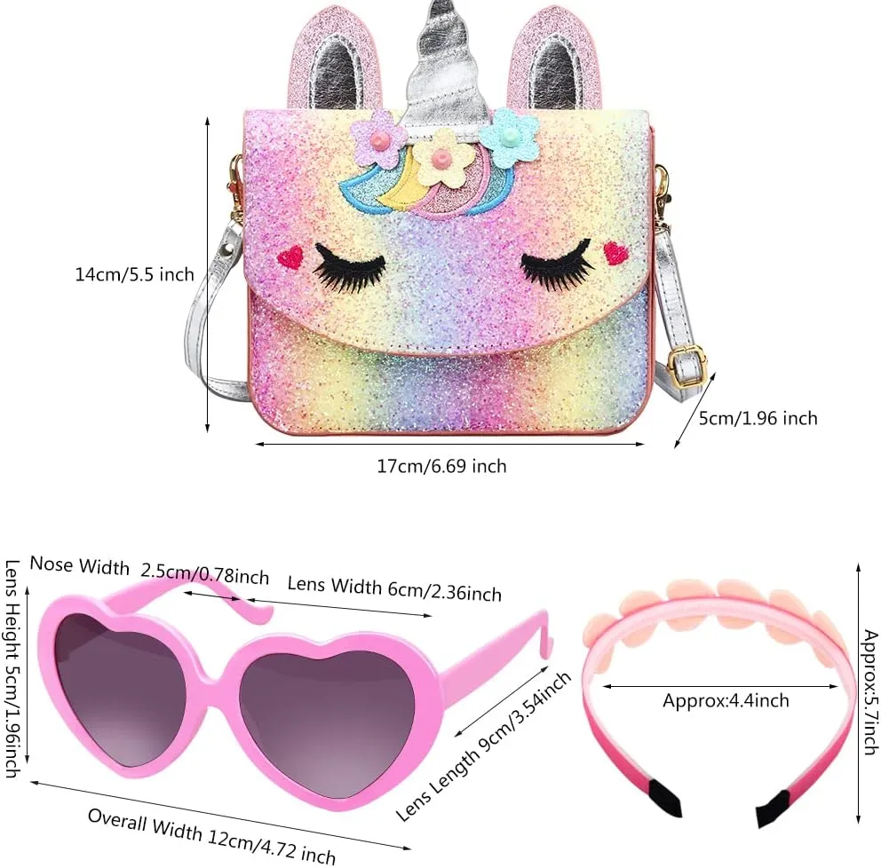 Unicorn Purse for Little Girls,Toddlers Crossbody Bags Kids with Accessories Cute Flap Bag Kids,Sunglass for Girls