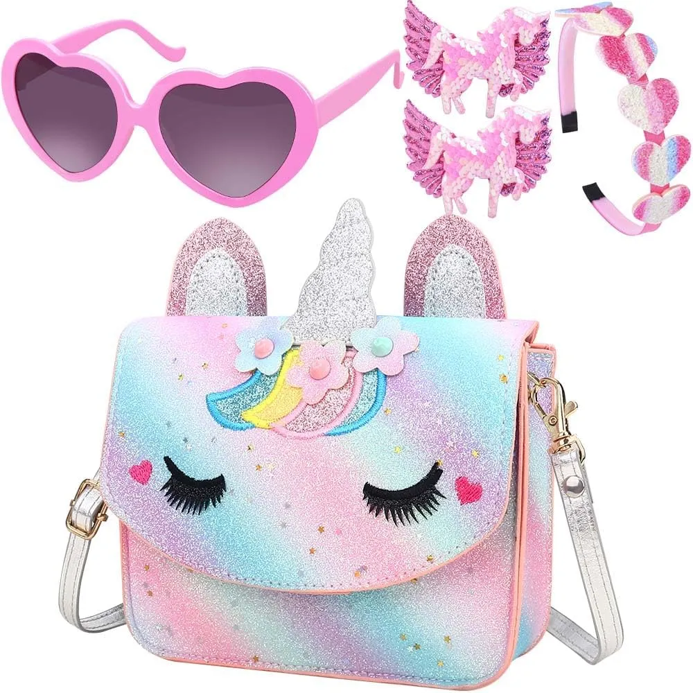 Unicorn Purse for Little Girls,Toddlers Crossbody Bags Kids with Accessories Cute Flap Bag Kids,Sunglass for Girls