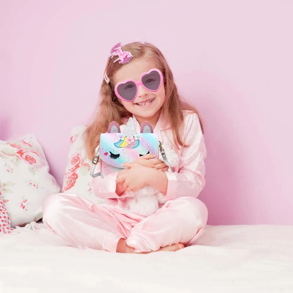 Unicorn Purse for Little Girls,Toddlers Crossbody Bags Kids with Accessories Cute Flap Bag Kids,Sunglass for Girls
