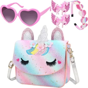 Unicorn Purse for Little Girls,Toddlers Crossbody Bags Kids with Accessories Cute Flap Bag Kids,Sunglass for Girls