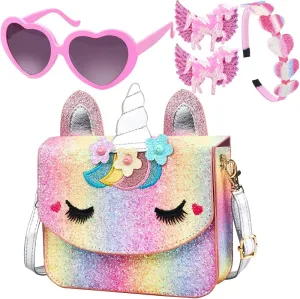 Unicorn Purse for Little Girls,Toddlers Crossbody Bags Kids with Accessories Cute Flap Bag Kids,Sunglass for Girls