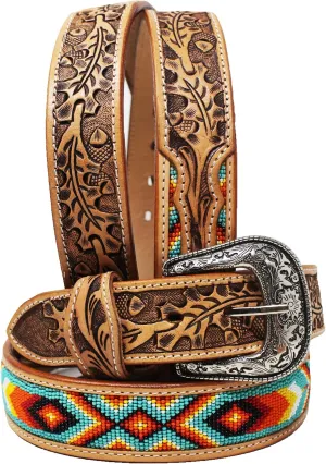 Unisex 1.5" Western Floral Hand Tooled Beaded Full-Grain Leather Belt 26RT52B