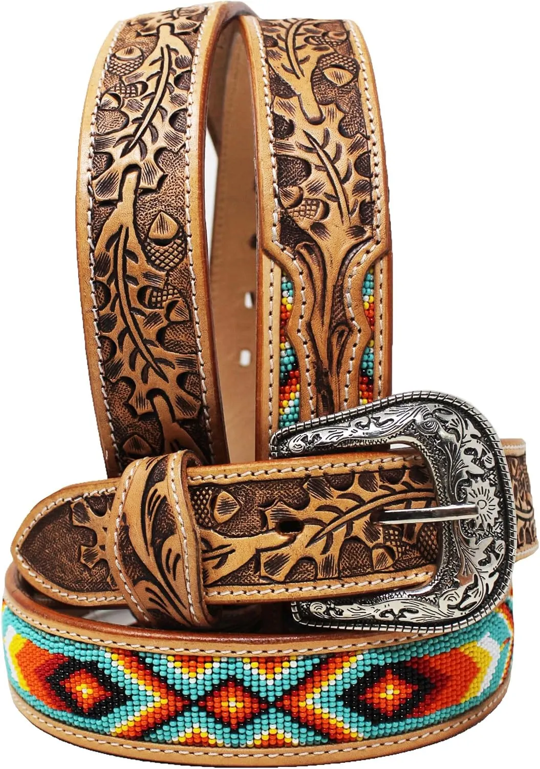 Unisex 1.5" Western Floral Hand Tooled Beaded Full-Grain Leather Belt 26RT52B