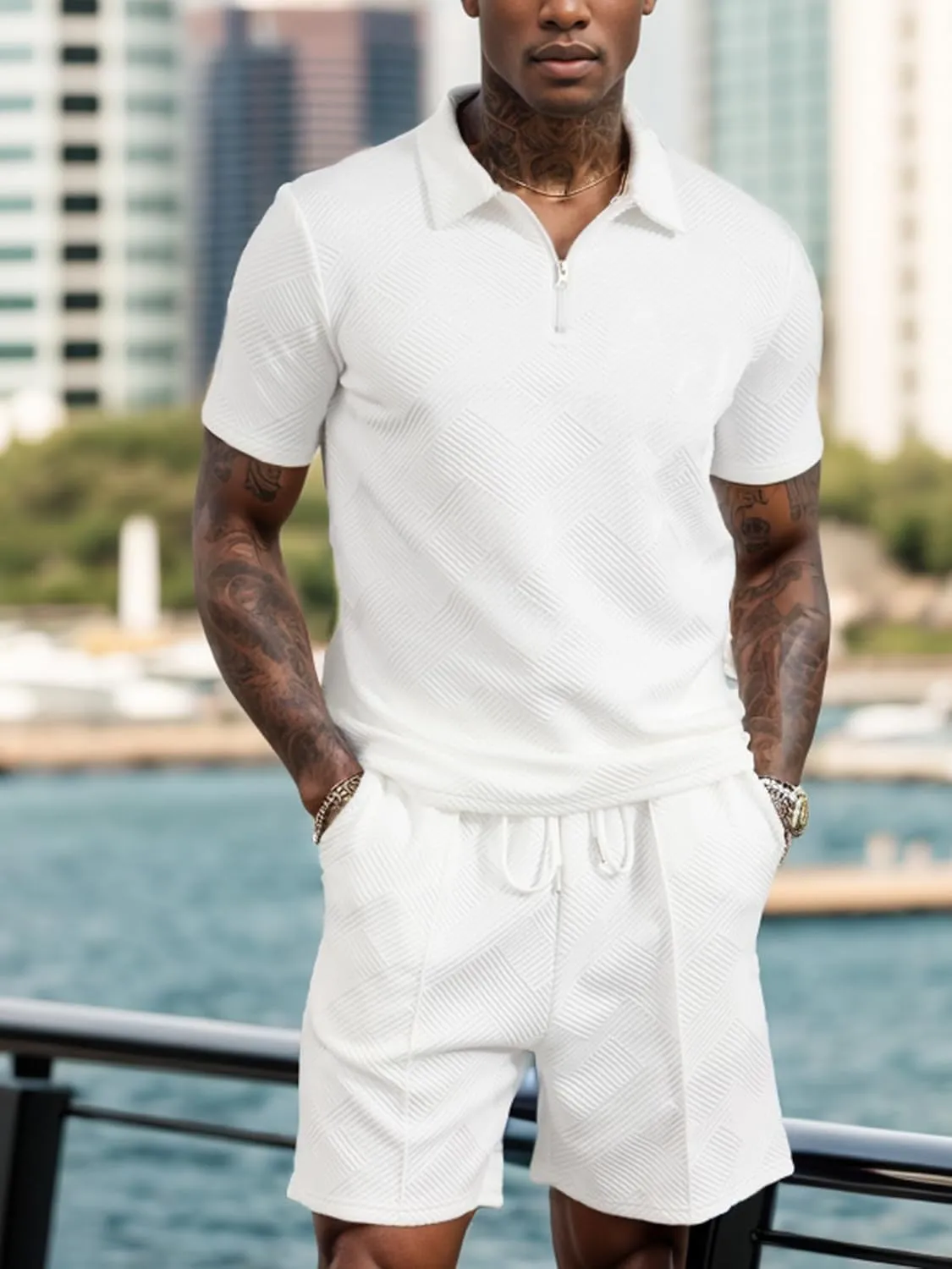 UOUA Mens Summer Track Suits 2 Piece Shorts Sets Short Sleeve Sweatsuit Outfits 1/4 Zip Golf Polo Shirts Loungewear