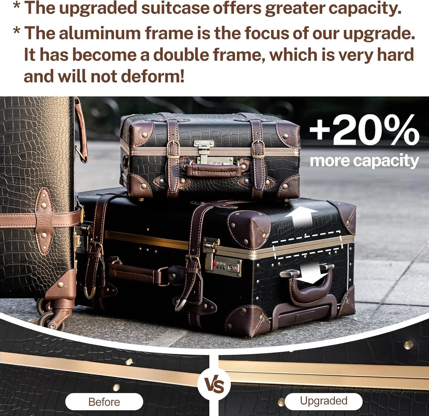 urecity Vintage Luggage Set of 2, Retro Suitcase Trunk with Wheels for Men and Women, Cute Designer Travel Luggage Set with Boarding Tote, Luggage Zipperless TSA Approved (20" 12", Black)