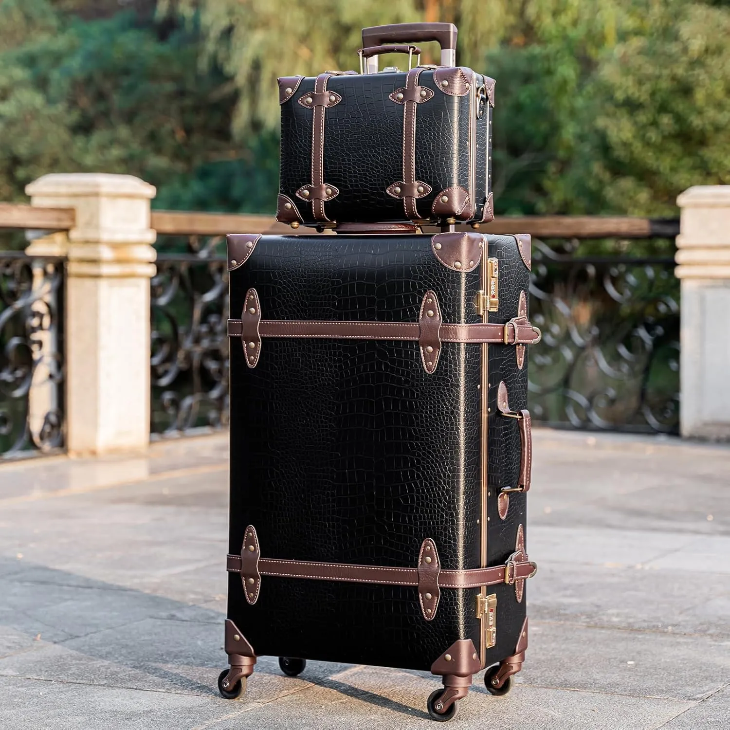 urecity Vintage Luggage Set of 2, Retro Suitcase Trunk with Wheels for Men and Women, Cute Designer Travel Luggage Set with Boarding Tote, Luggage Zipperless TSA Approved (20" 12", Black)