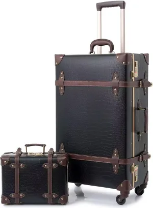 urecity Vintage Luggage Set of 2, Retro Suitcase Trunk with Wheels for Men and Women, Cute Designer Travel Luggage Set with Boarding Tote, Luggage Zipperless TSA Approved (20" 12", Black)