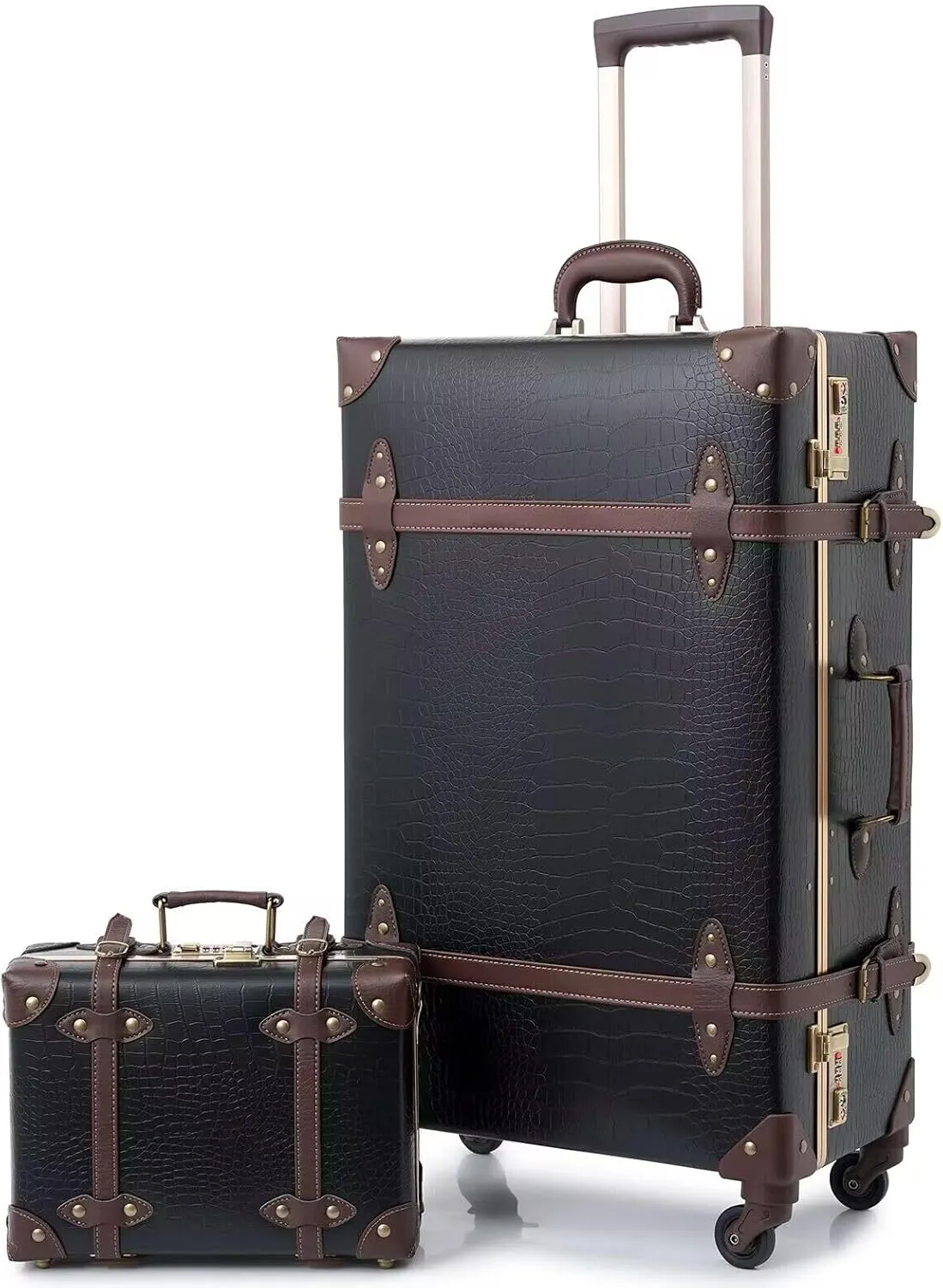 urecity Vintage Luggage Set of 2, Retro Suitcase Trunk with Wheels for Men and Women, Cute Designer Travel Luggage Set with Boarding Tote, Luggage Zipperless TSA Approved (20" 12", Black)