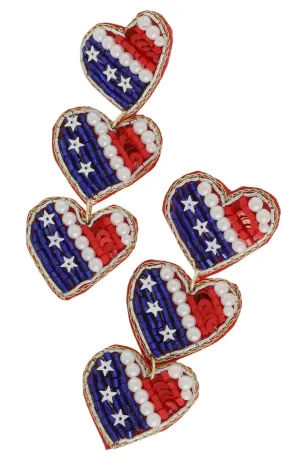 USA Flag Patriotic Heart Shaped Beaded Earrings
