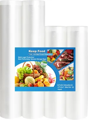 Vacuum Sealer Rolls, Vacuum Sealer Bags - 8.6 * 16.4" (2 Pack) and 11 * 16.4" (2 Pack) for Food-Storage, Fits All Clamp Vacuum Sealer Machine, BPA Free, for Meal Prep/Sous Vide