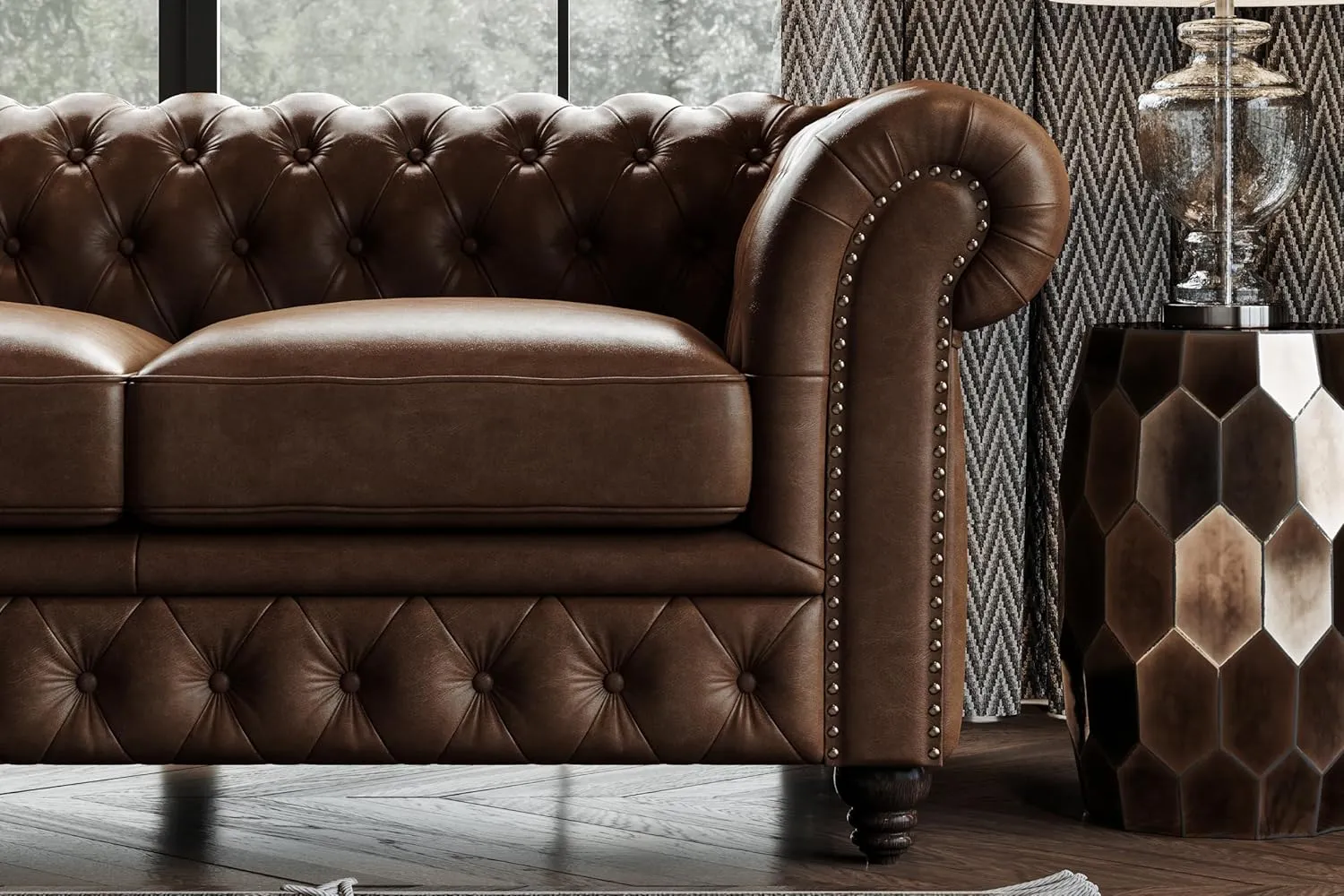 Valencia Parma Chesterfield 3 Seater Sofa 82" | Premium Full-Aniline Leather | Mid-Century Leather Couch with Classic Button Tufted Back, Wood Legs for Living Room, Chocolate