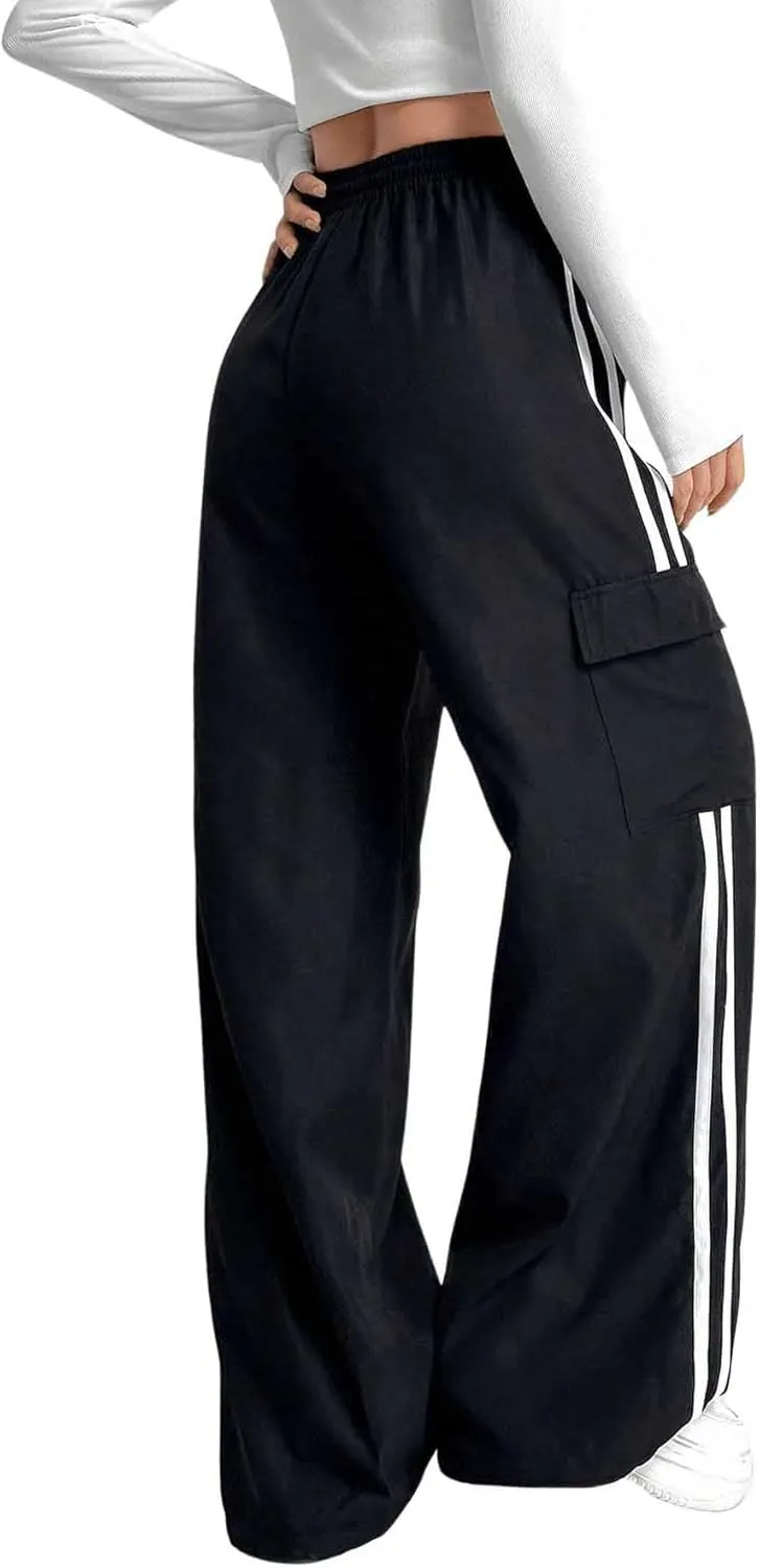 Verdusa Women's Cargo Pants Baggy Straight Wide Leg Athletic Pants Striped Bottoms Streetwear