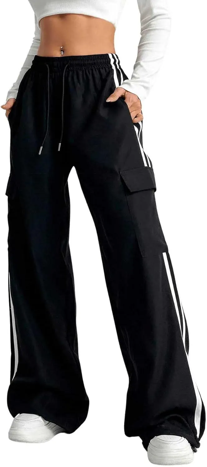 Verdusa Women's Cargo Pants Baggy Straight Wide Leg Athletic Pants Striped Bottoms Streetwear