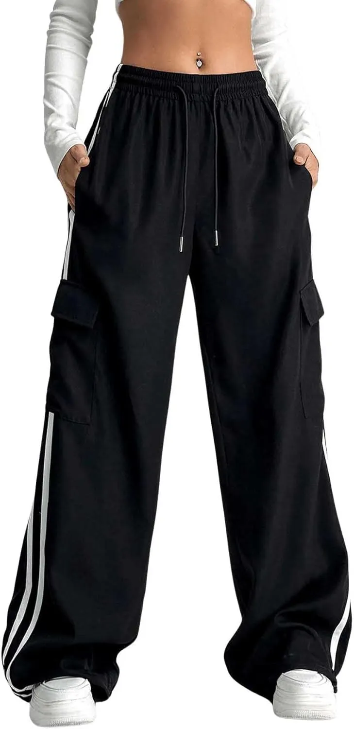 Verdusa Women's Cargo Pants Baggy Straight Wide Leg Athletic Pants Striped Bottoms Streetwear