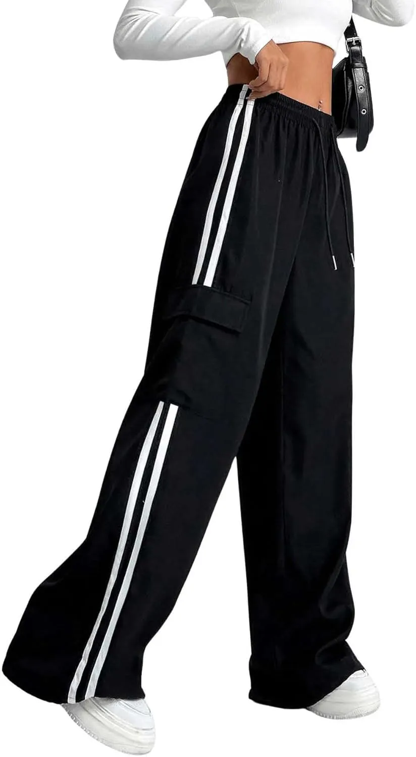 Verdusa Women's Cargo Pants Baggy Straight Wide Leg Athletic Pants Striped Bottoms Streetwear