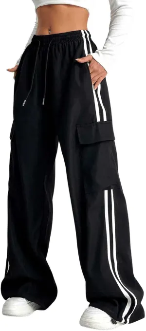 Verdusa Women's Cargo Pants Baggy Straight Wide Leg Athletic Pants Striped Bottoms Streetwear
