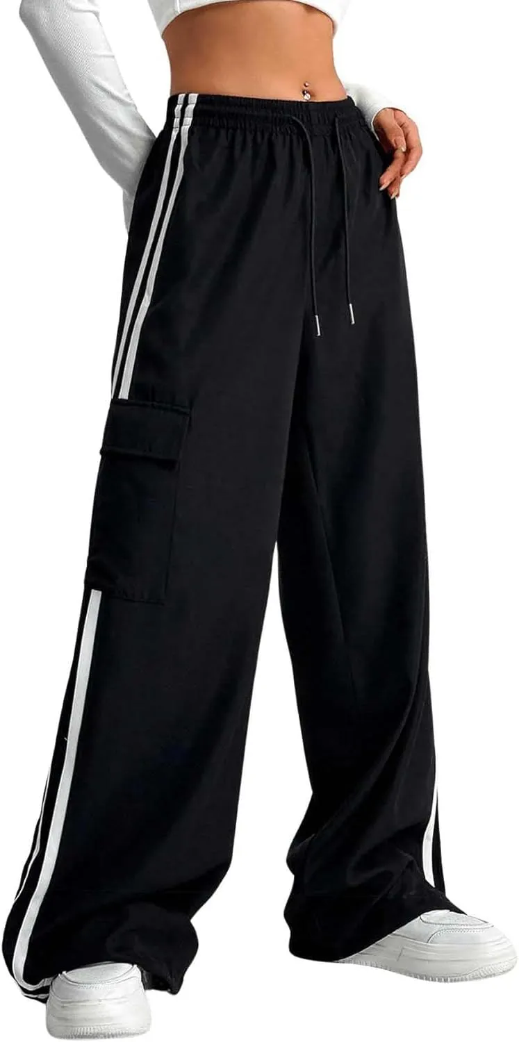 Verdusa Women's Cargo Pants Baggy Straight Wide Leg Athletic Pants Striped Bottoms Streetwear