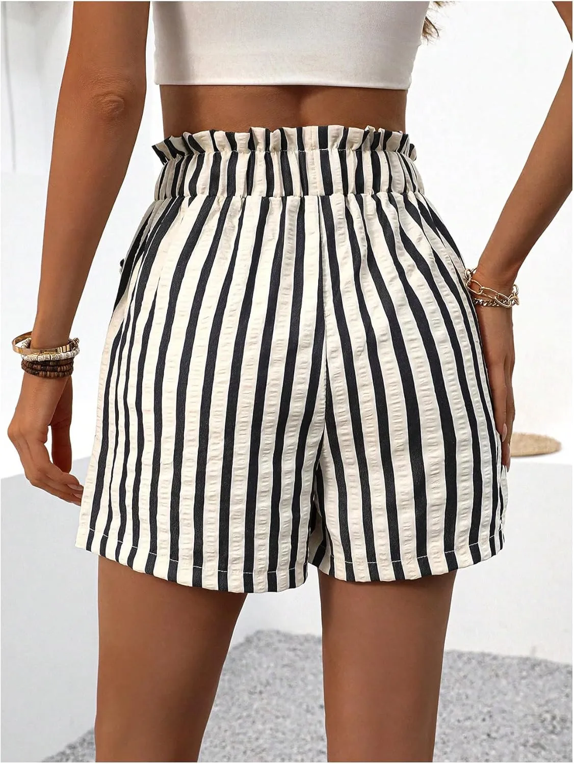 Verdusa Women's Drawstring Paperbag Waist Striped Straight Leg Shorts