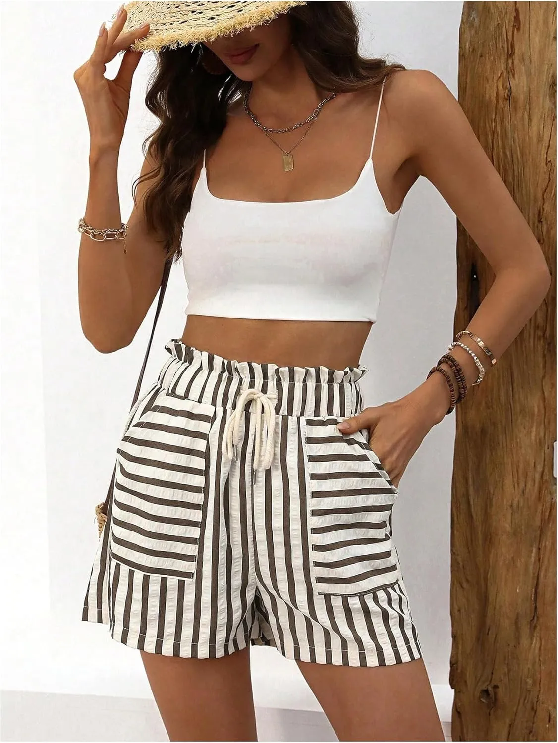 Verdusa Women's Drawstring Paperbag Waist Striped Straight Leg Shorts