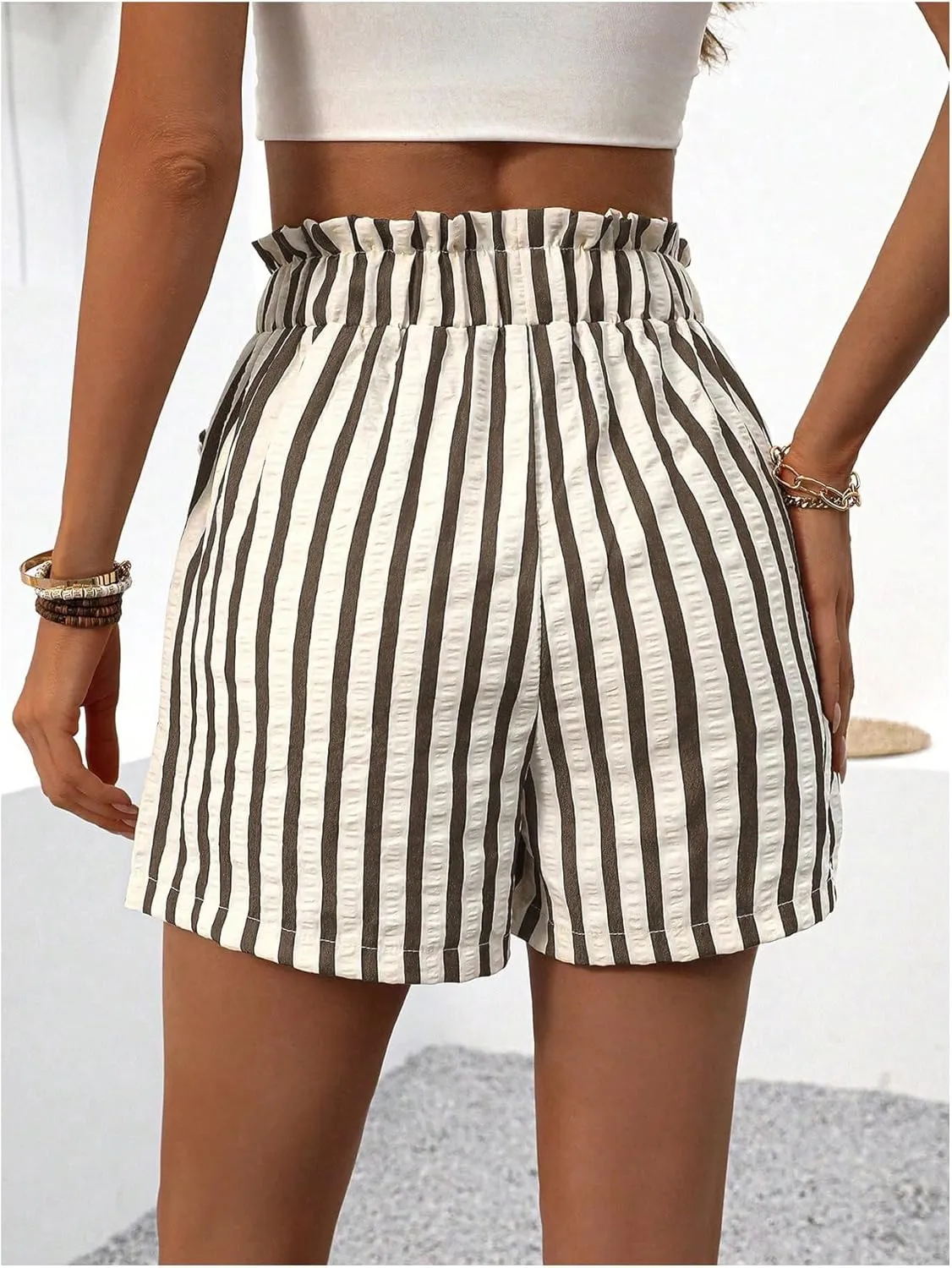 Verdusa Women's Drawstring Paperbag Waist Striped Straight Leg Shorts