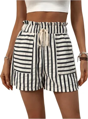 Verdusa Women's Drawstring Paperbag Waist Striped Straight Leg Shorts