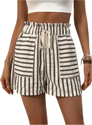 Verdusa Women's Drawstring Paperbag Waist Striped Straight Leg Shorts