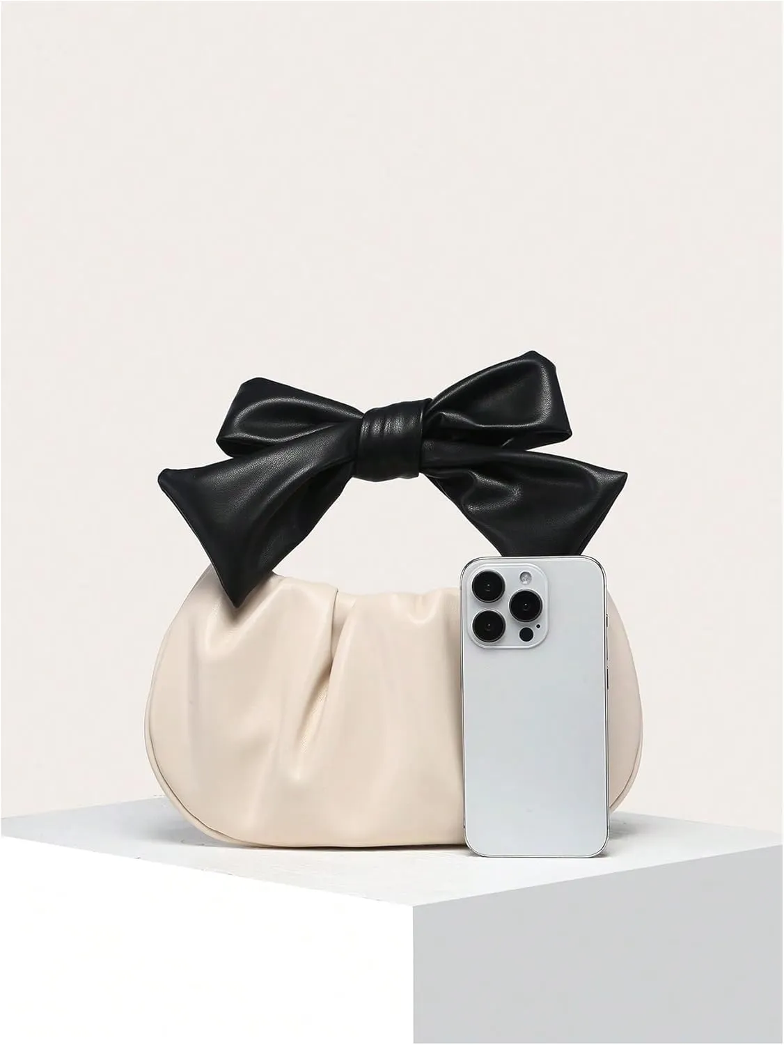 Verdusa Women's Ruched Hobo Handbag Cute Bow Clutch Purse Small Leather Top Handle Bags