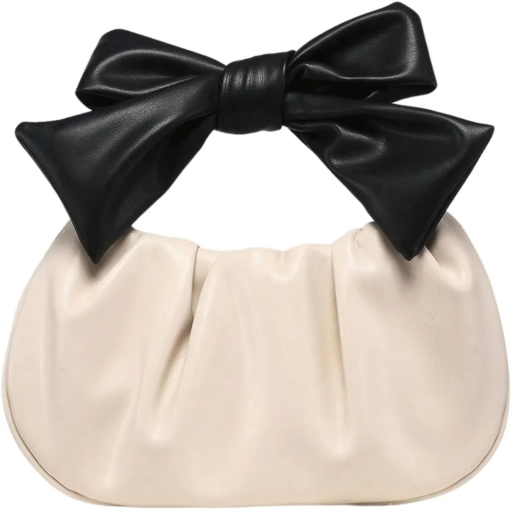 Verdusa Women's Ruched Hobo Handbag Cute Bow Clutch Purse Small Leather Top Handle Bags