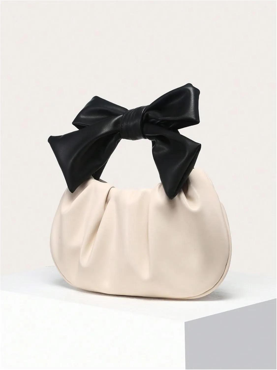 Verdusa Women's Ruched Hobo Handbag Cute Bow Clutch Purse Small Leather Top Handle Bags
