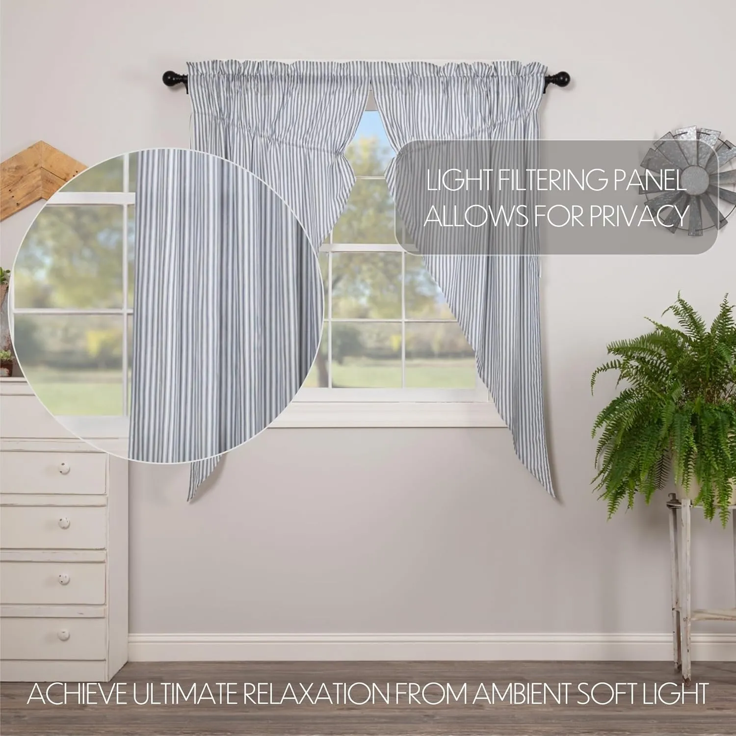 VHC Brands Sawyer Mill Blue Window Prairie Panel Set Adjustable Farmhouse Country Drapes Striped Pattern 63x36 Curtain, 63x36x18