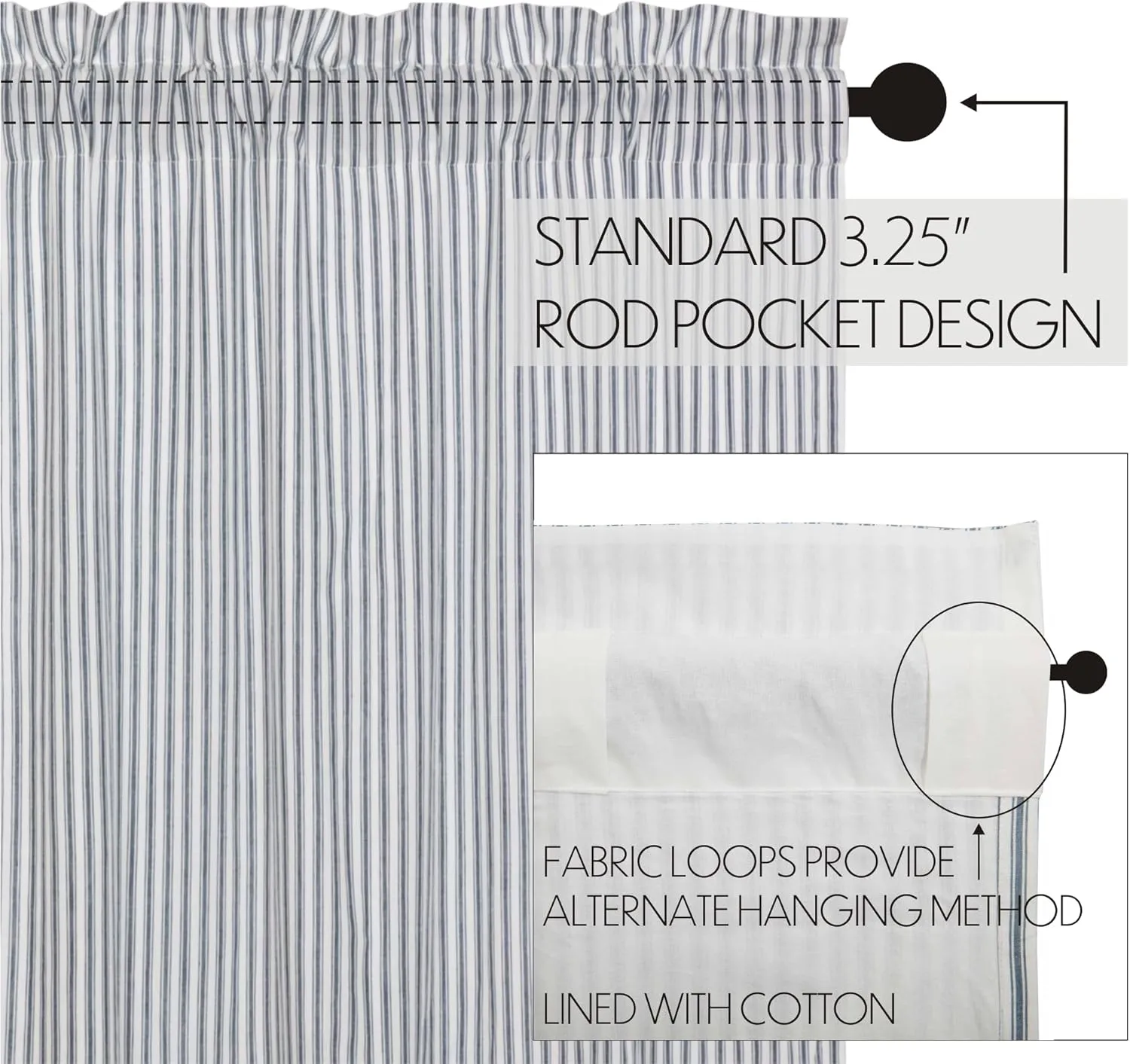 VHC Brands Sawyer Mill Blue Window Prairie Panel Set Adjustable Farmhouse Country Drapes Striped Pattern 63x36 Curtain, 63x36x18