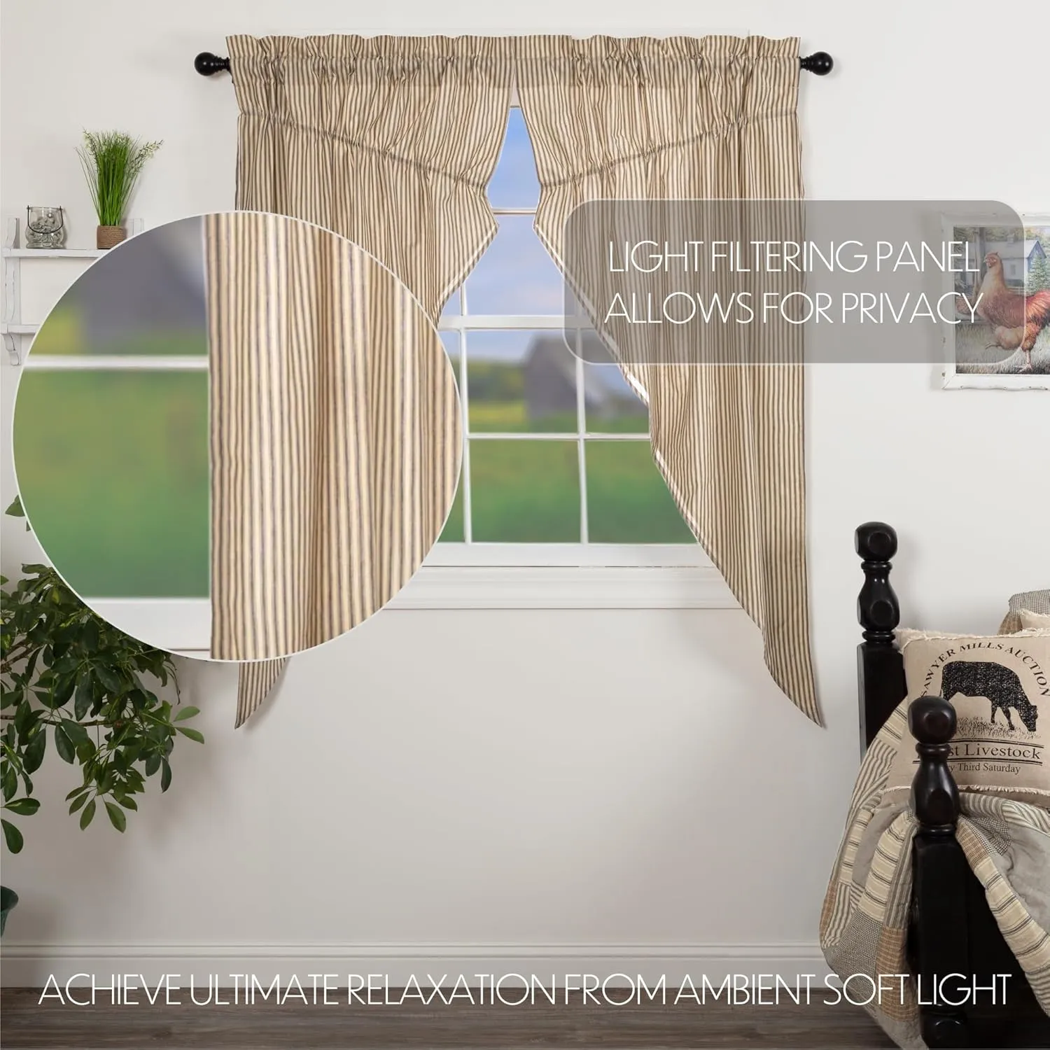 VHC Brands Sawyer Mill Charcoal Prairie Curtain Set Lined Drapes Farmhouse Country Striped Cotton 63 Inch Long for Living Room