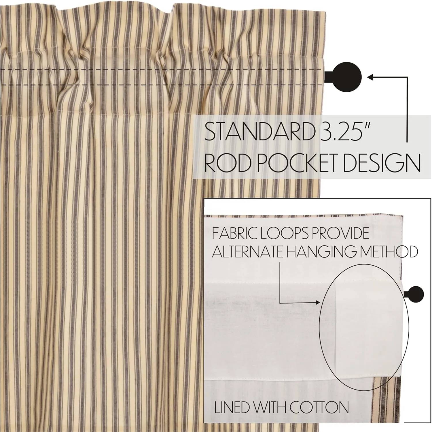 VHC Brands Sawyer Mill Charcoal Prairie Curtain Set Lined Drapes Farmhouse Country Striped Cotton 63 Inch Long for Living Room